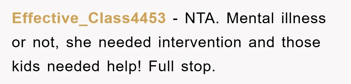 Effective_Class4453 - NTA. Mental illness or not, she needed intervention and those kids needed help! Full stop.