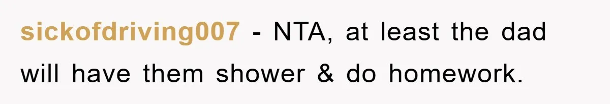 sickofdriving007 - NTA, at least the dad will have them shower & do homework.
