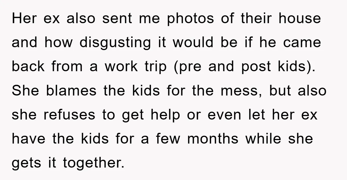 Her ex also sent me photos of their house and how disgusting it would be if he came back from a work trip (pre and post kids). She blames the...