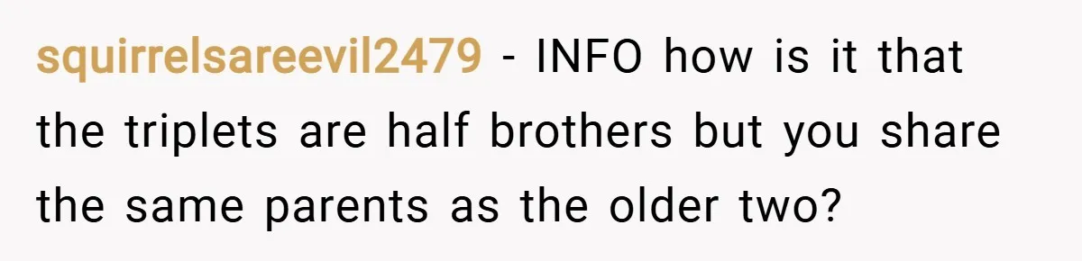 squirrelsareevil2479 − INFO how is it that the triplets are half brothers but you share the same parents as the older two?
