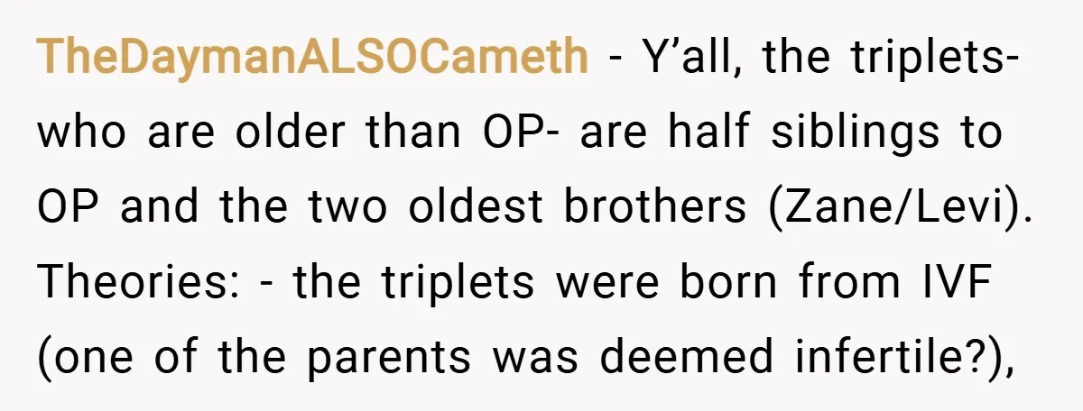 TheDaymanALSOCameth − Y’all, the triplets- who are older than OP- are half siblings to OP and the two oldest brothers (Zane/Levi). Theories: - the triplets were born from IVF (one...