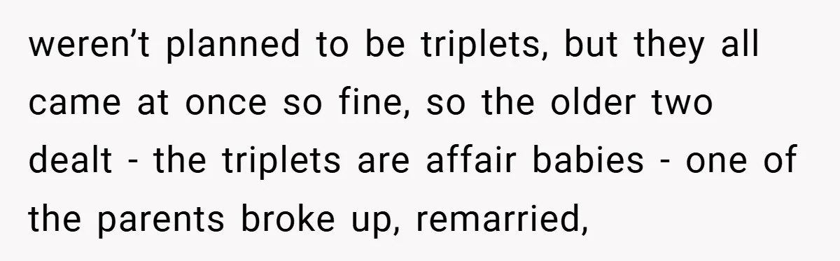 weren’t planned to be triplets, but they all came at once so fine, so the older two dealt - the triplets are affair babies - one of the parents broke...