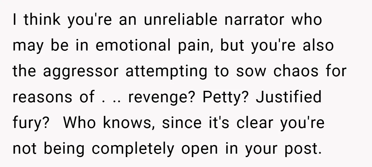 I think you're an unreliable narrator who may be in emotional pain, but you're also the aggressor attempting to sow chaos for reasons of . .. revenge? Petty? Justified fury?...