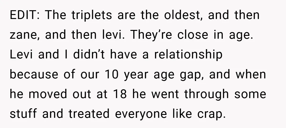 EDIT: The triplets are the oldest, and then zane, and then levi. They’re close in age. Levi and I didn’t have a relationship because of our 10 year age gap,...