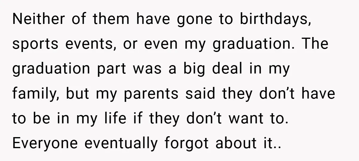 Neither of them have gone to birthdays, sports events, or even my graduation. The graduation part was a big deal in my family, but my parents said they don’t have...