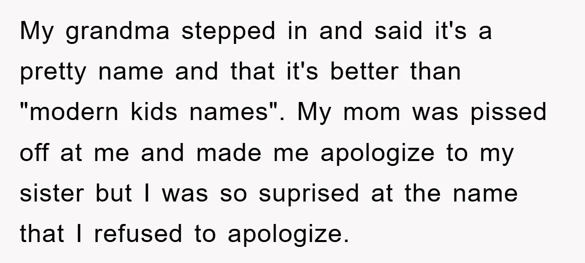 My grandma stepped in and said it's a pretty name and that it's better than "modern kids names". My mom was pissed off at me and made me apologize to...