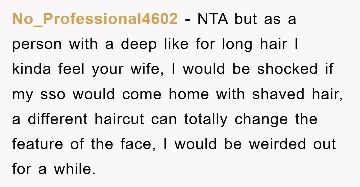 No_Professional4602 - NTA but as a person with a deep like for long hair I kinda feel your wife, I would be shocked if my sso would come home with...