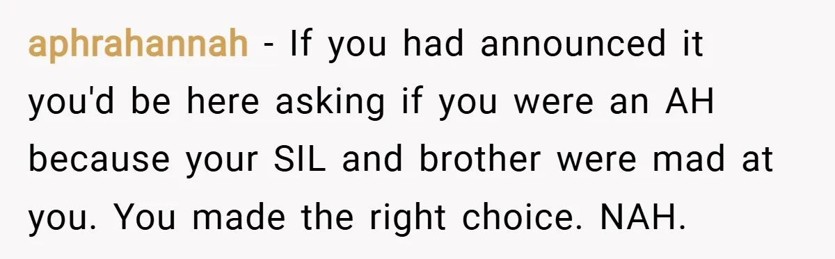 aphrahannah − If you had announced it you'd be here asking if you were an AH because your SIL and brother were mad at you. You made the right choice....