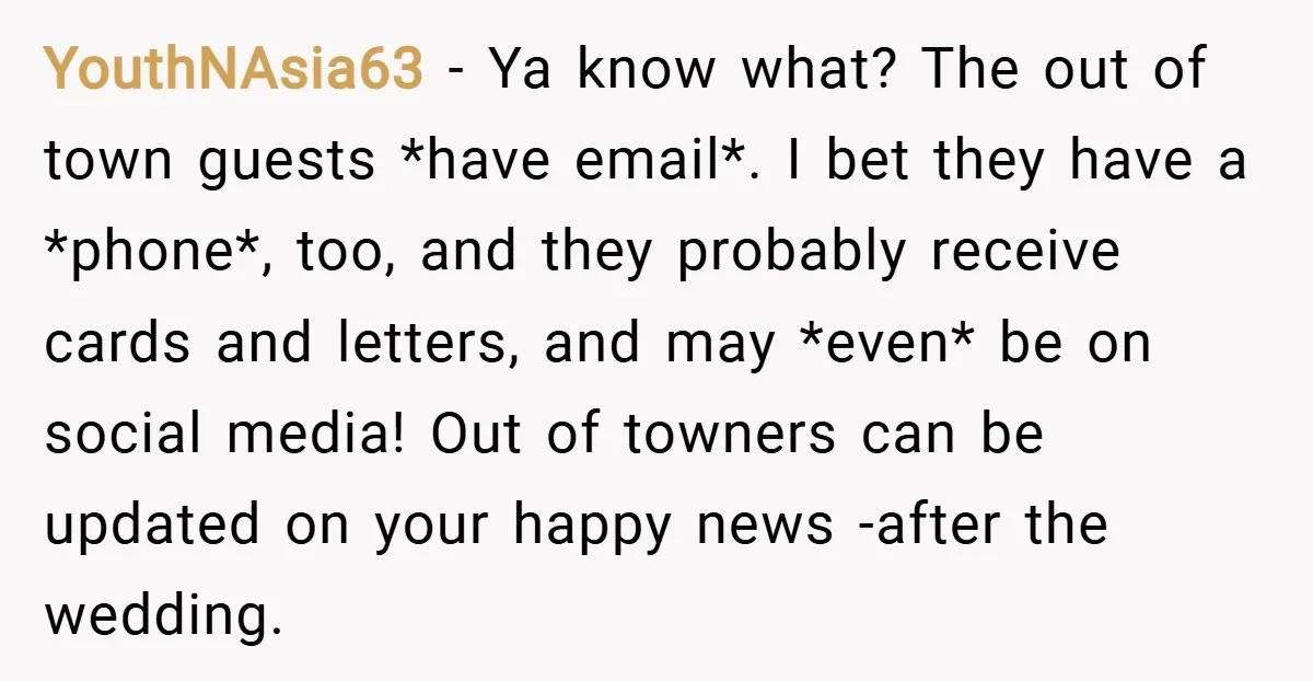 YouthNAsia63 − Ya know what? The out of town guests *have email*. I bet they have a *phone*, too, and they probably receive cards and letters, and may *even* be...