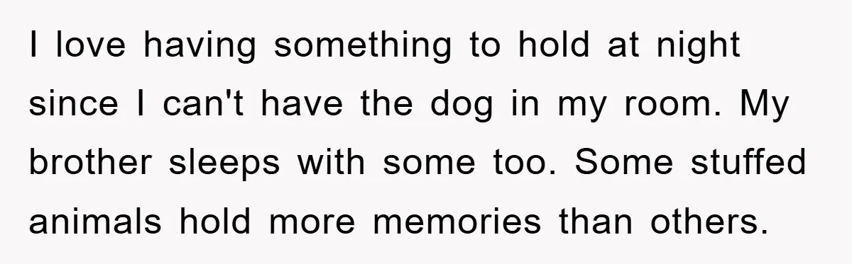 I love having something to hold at night since I can't have the dog in my room. My brother sleeps with some too. Some stuffed animals hold more memories than...