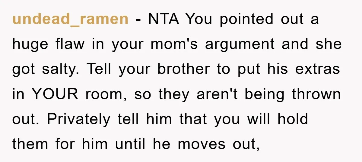 undead_ramen − NTA You pointed out a huge flaw in your mom's argument and she got salty. Tell your brother to put his extras in YOUR room, so they aren't...
