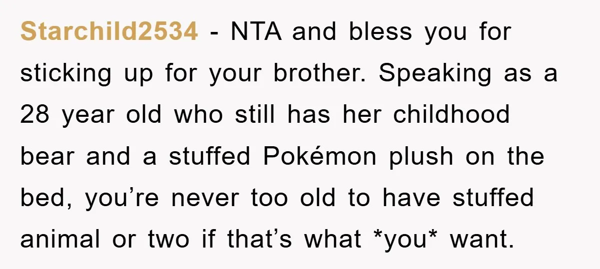 Starchild2534 − NTA and bless you for sticking up for your brother. Speaking as a 28 year old who still has her childhood bear and a stuffed Pokémon plush on...