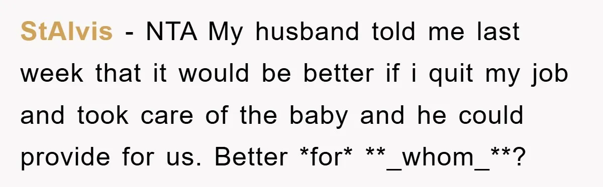 StAlvis − NTA My husband told me last week that it would be better if i quit my job and took care of the baby and he could provide for...