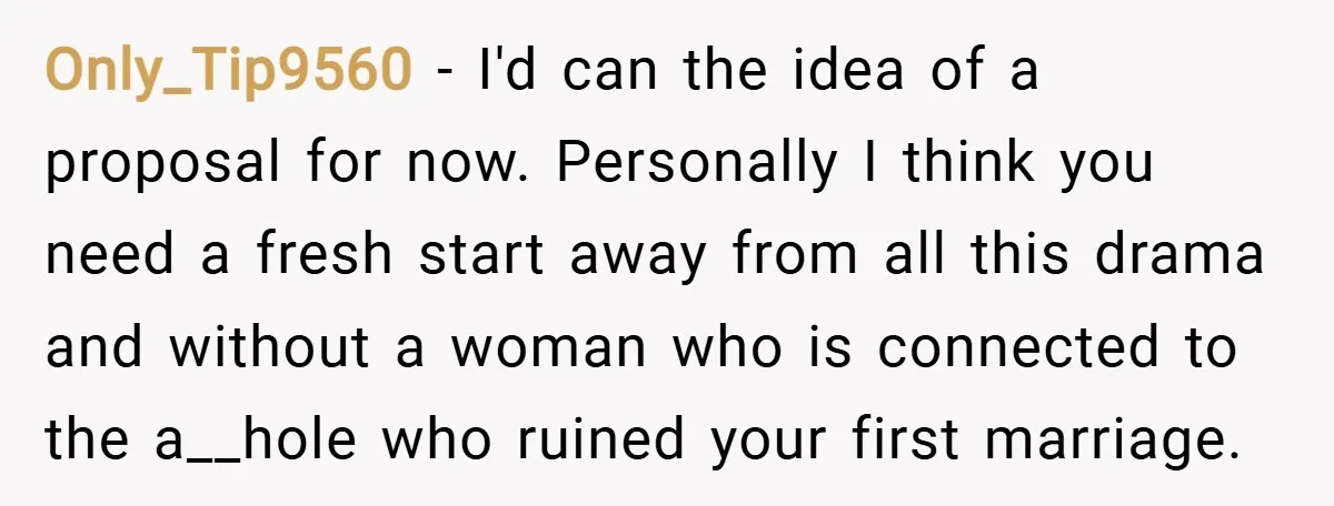 Only_Tip9560 − I'd can the idea of a proposal for now. Personally I think you need a fresh start away from all this drama and without a woman who is...