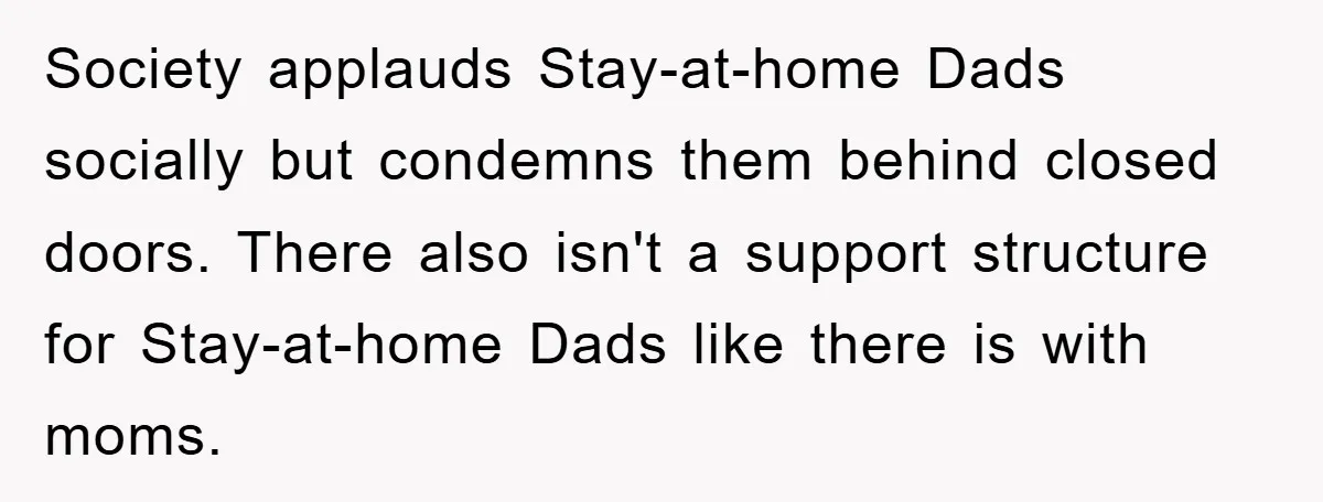 Society applauds Stay-at-home Dads socially but condemns them behind closed doors. There also isn't a support structure for Stay-at-home Dads like there is with moms.