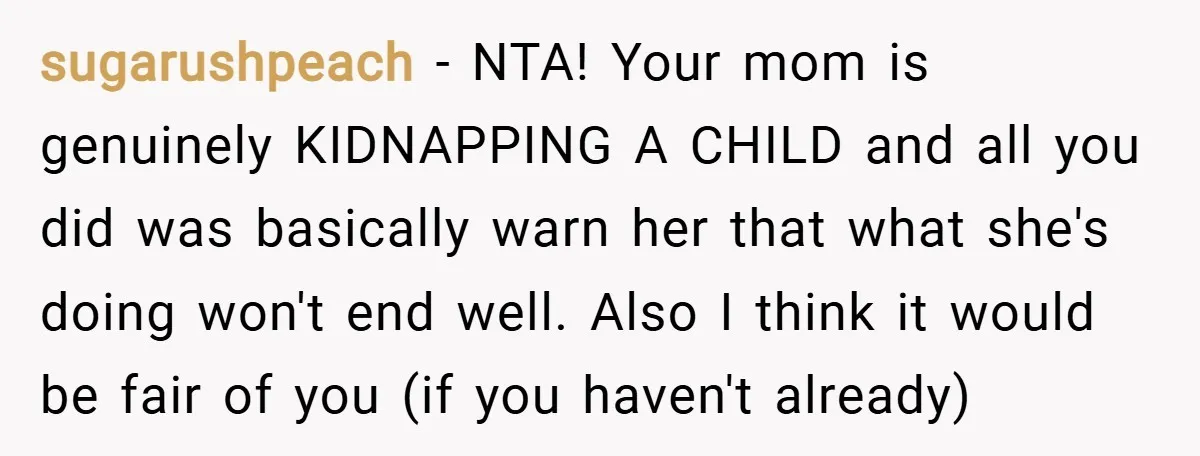 sugarushpeach − NTA! Your mom is genuinely KIDNAPPING A CHILD and all you did was basically warn her that what she's doing won't end well. Also I think it would...