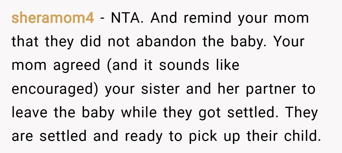 sheramom4 − NTA. And remind your mom that they did not abandon the baby. Your mom agreed (and it sounds like encouraged) your sister and her partner to leave the...