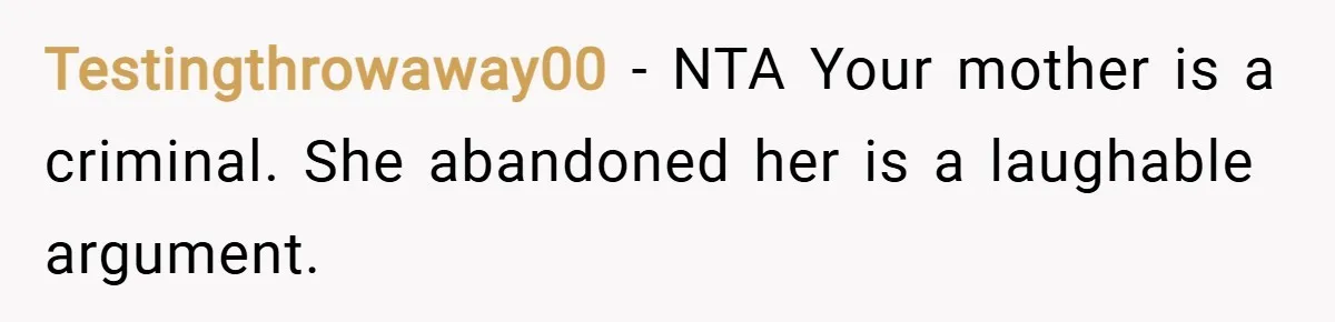 Testingthrowaway00 − NTA Your mother is a criminal. She abandoned her is a laughable argument.