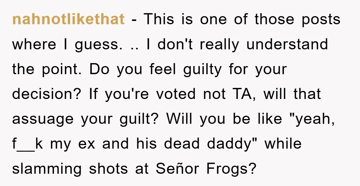 nahnotlikethat − This is one of those posts where I guess. .. I don't really understand the point. Do you feel guilty for your decision? If you're voted not TA,...