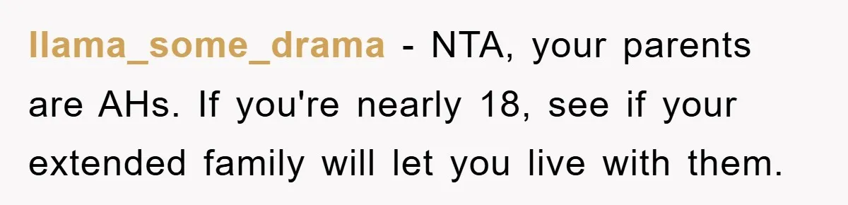 llama_some_drama − NTA, your parents are AHs. If you're nearly 18, see if your extended family will let you live with them.