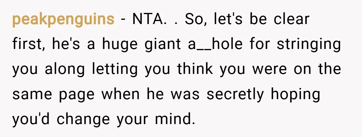 peakpenguins − NTA. . So, let's be clear first, he's a huge giant a__hole for stringing you along letting you think you were on the same page when he was...