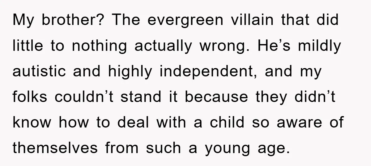 My brother? The evergreen villain that did little to nothing actually wrong. He’s mildly autistic and highly independent, and my folks couldn’t stand it because they didn’t know how to...