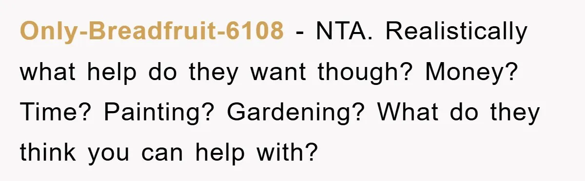 Only-Breadfruit-6108 − NTA. Realistically what help do they want though? Money? Time? Painting? Gardening? What do they think you can help with?
