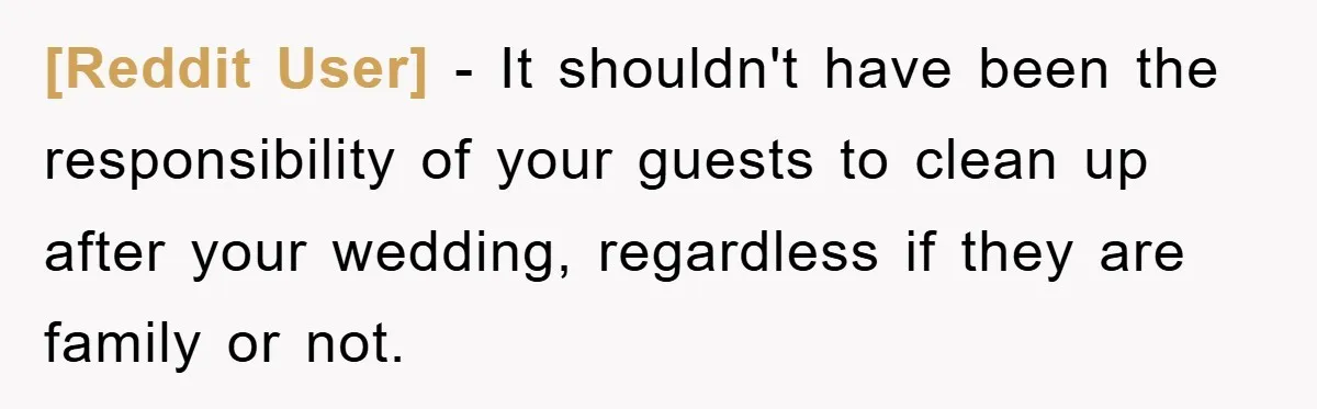 [Reddit User] − It shouldn't have been the responsibility of your guests to clean up after your wedding, regardless if they are family or not.