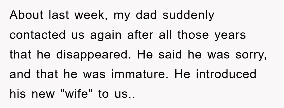 About last week, my dad suddenly contacted us again after all those years that he disappeared. He said he was sorry, and that he was immature. He introduced his new...