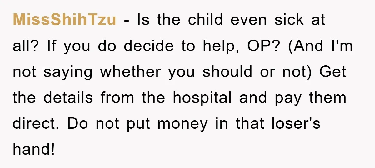 MissShihTzu − Is the child even sick at all? If you do decide to help, OP? (And I'm not saying whether you should or not) Get the details from the...