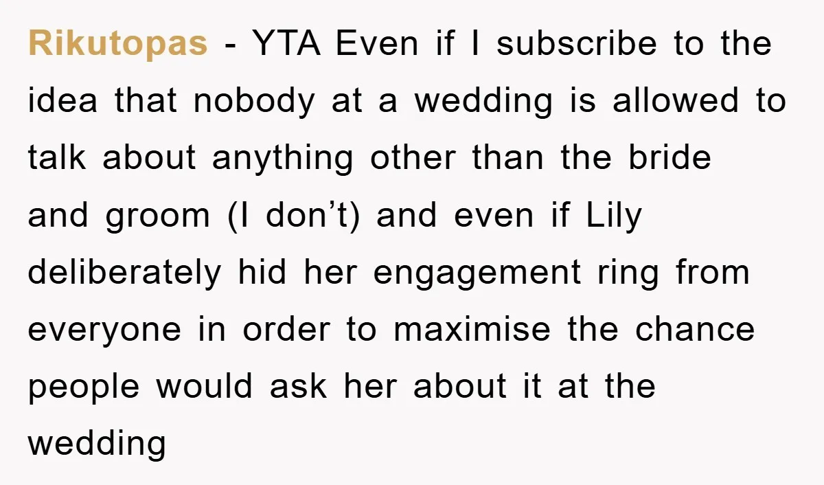 Rikutopas - YTA Even if I subscribe to the idea that nobody at a wedding is allowed to talk about anything other than the bride and groom (I don’t) and...
