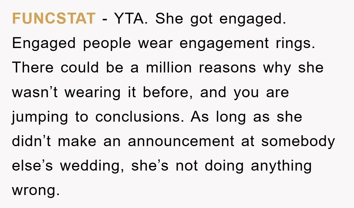 FUNCSTAT - YTA. She got engaged. Engaged people wear engagement rings. There could be a million reasons why she wasn’t wearing it before, and you are jumping to conclusions. As...