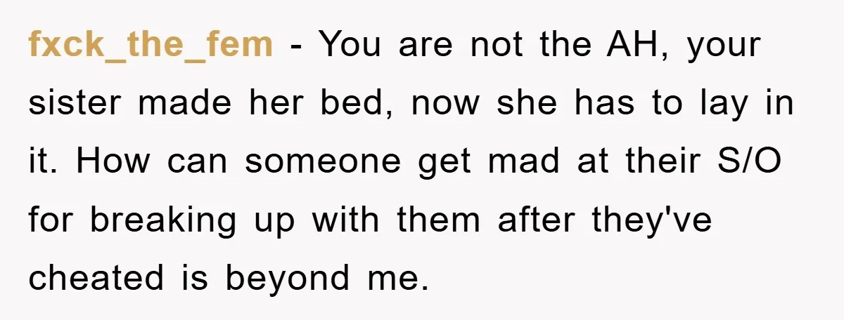 fxck_the_fem − You are not the AH, your sister made her bed, now she has to lay in it. How can someone get mad at their S/O for breaking up...