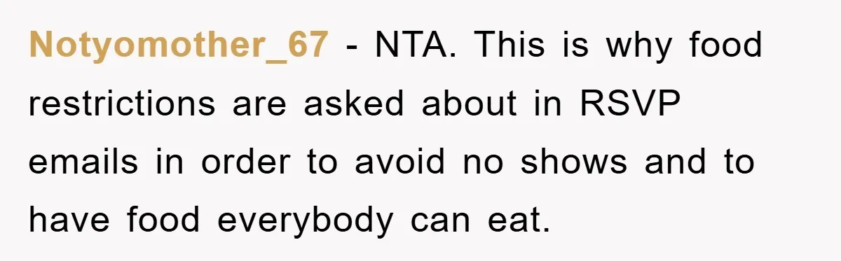 Notyomother_67 − NTA. This is why food restrictions are asked about in RSVP emails in order to avoid no shows and to have food everybody can eat.