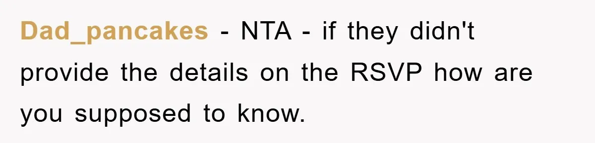 Dad_pancakes − NTA - if they didn't provide the details on the RSVP how are you supposed to know.