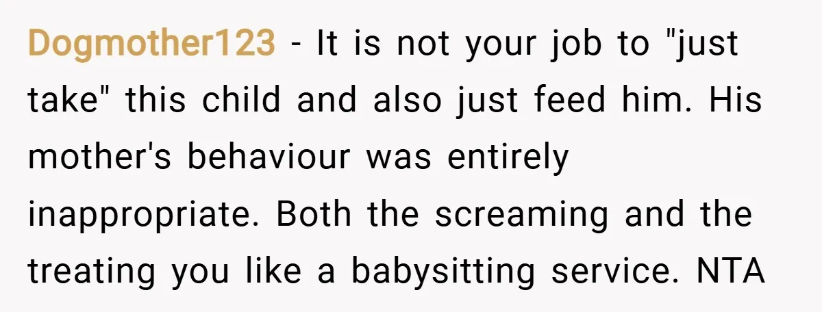 Dogmother123 − It is not your job to "just take" this child and also just feed him. His mother's behaviour was entirely inappropriate. Both the screaming and the treating you...