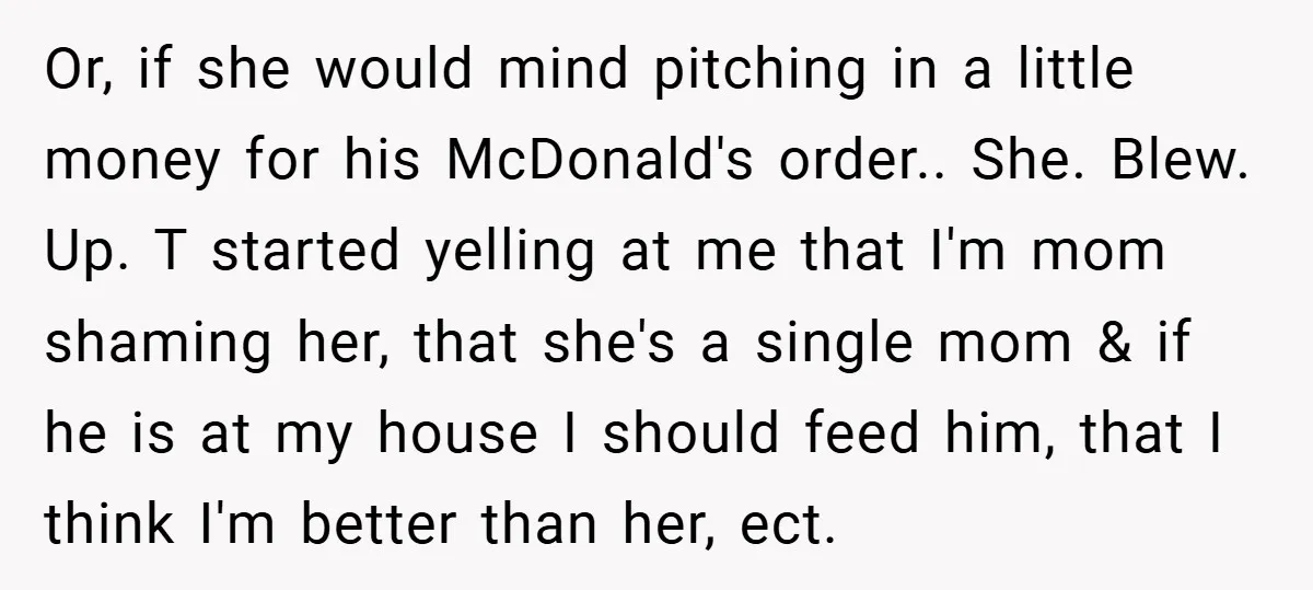 Or, if she would mind pitching in a little money for his McDonald's order.. She. Blew. Up. T started yelling at me that I'm mom shaming her, that she's a...