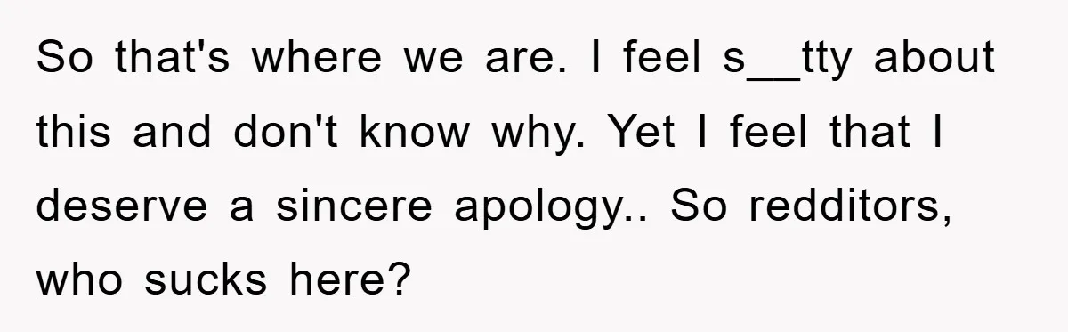 So that's where we are. I feel s__tty about this and don't know why. Yet I feel that I deserve a sincere apology.. So redditors, who sucks here?