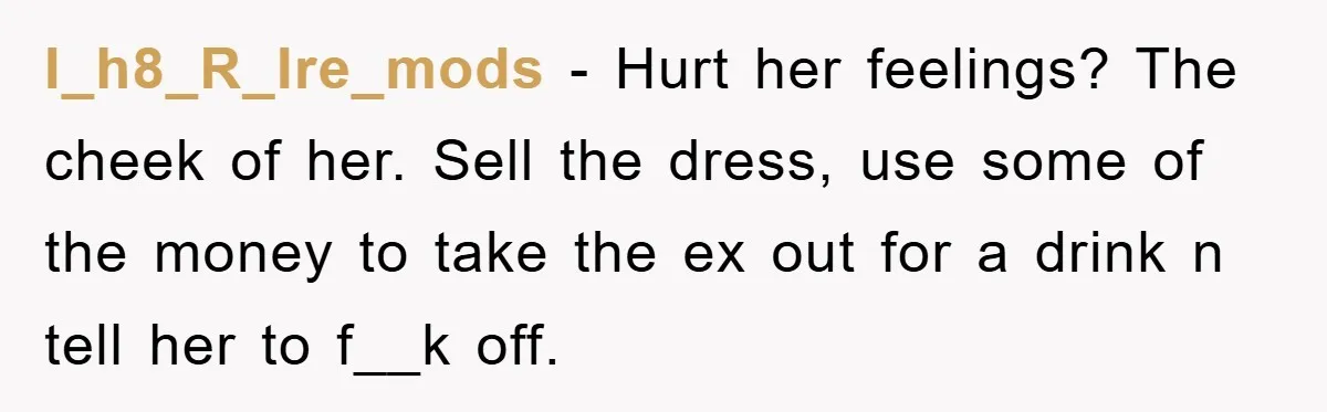 I_h8_R_Ire_mods - Hurt her feelings? The cheek of her. Sell the dress, use some of the money to take the ex out for a drink n tell her to f__k...
