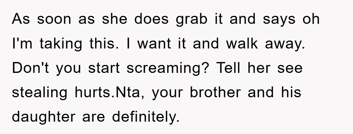 As soon as she does grab it and says oh I'm taking this. I want it and walk away. Don't you start screaming? Tell her see stealing hurts.Nta, your brother...