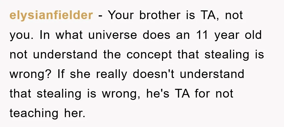 elysianfielder − Your brother is TA, not you. In what universe does an 11 year old not understand the concept that stealing is wrong? If she really doesn't understand that...