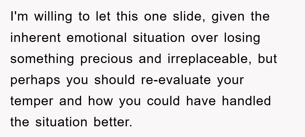 I'm willing to let this one slide, given the inherent emotional situation over losing something precious and irreplaceable, but perhaps you should re-evaluate your temper and how you could have...