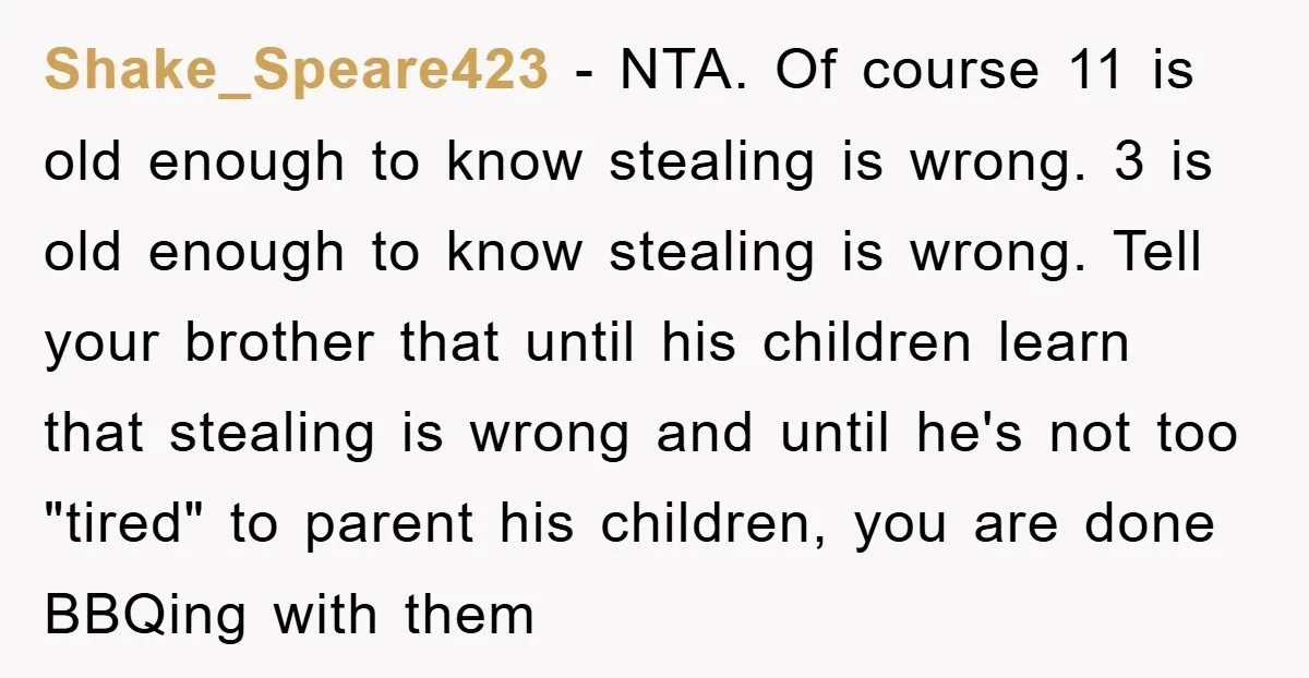Shake_Speare423 − NTA. Of course 11 is old enough to know stealing is wrong. 3 is old enough to know stealing is wrong. Tell your brother that until his children...