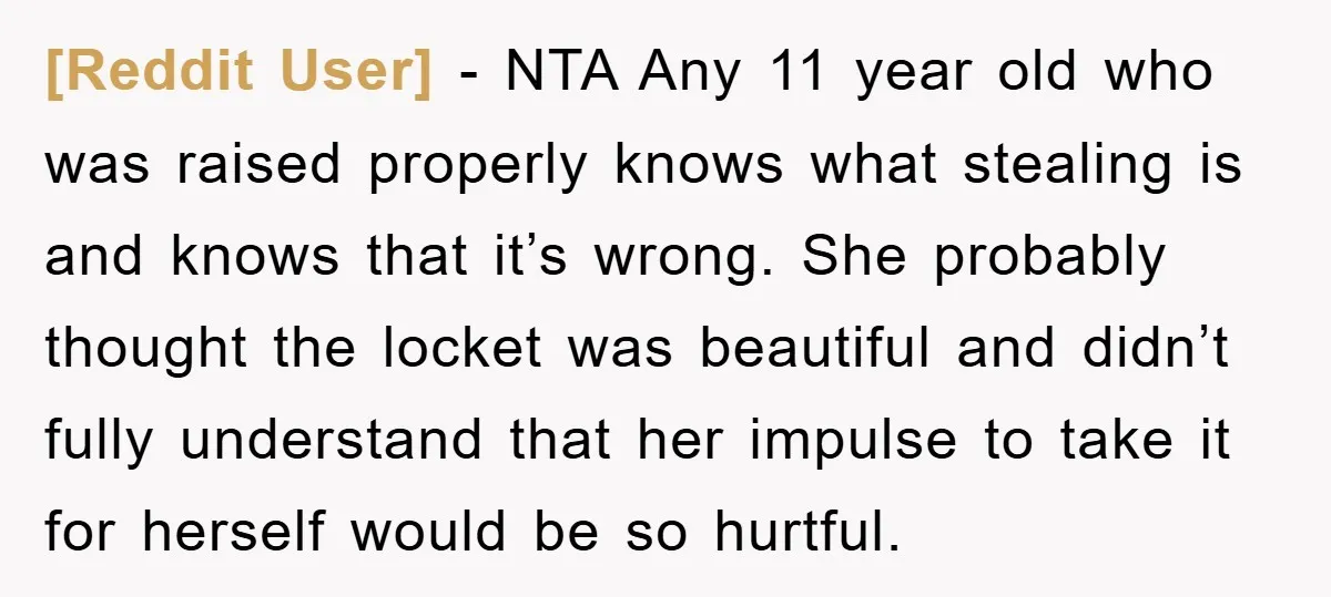 [Reddit User] − NTA Any 11 year old who was raised properly knows what stealing is and knows that it’s wrong. She probably thought the locket was beautiful and didn’t...