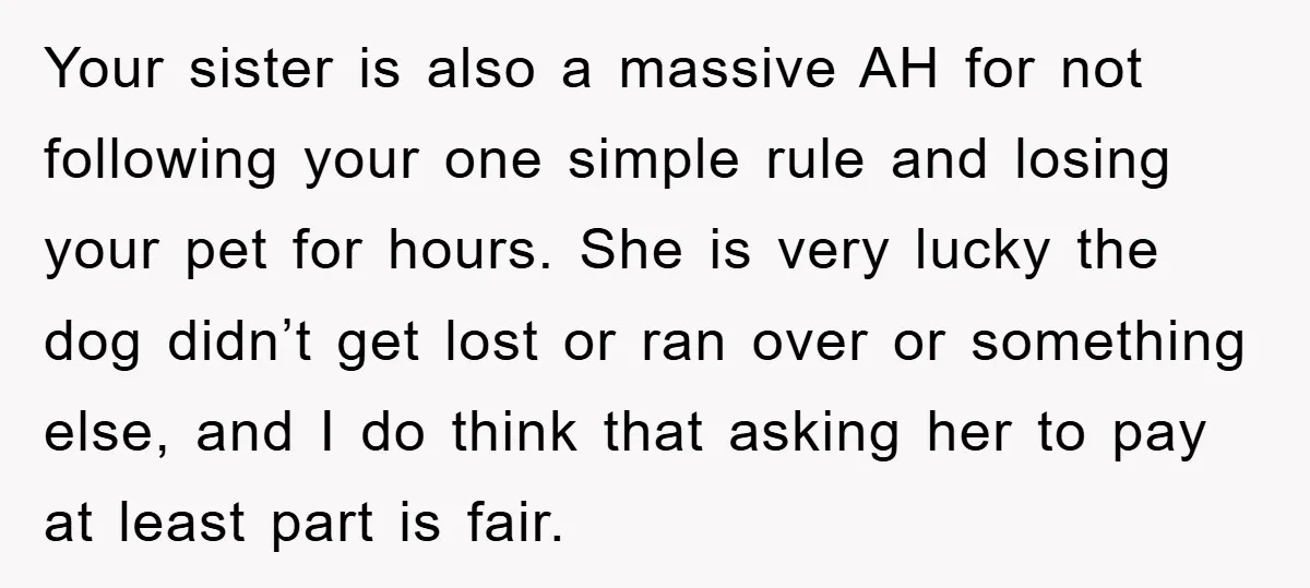 Your sister is also a massive AH for not following your one simple rule and losing your pet for hours. She is very lucky the dog didn’t get lost or...