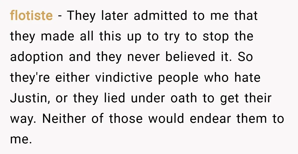 flotiste − They later admitted to me that they made all this up to try to stop the adoption and they never believed it. So they're either vindictive people who...