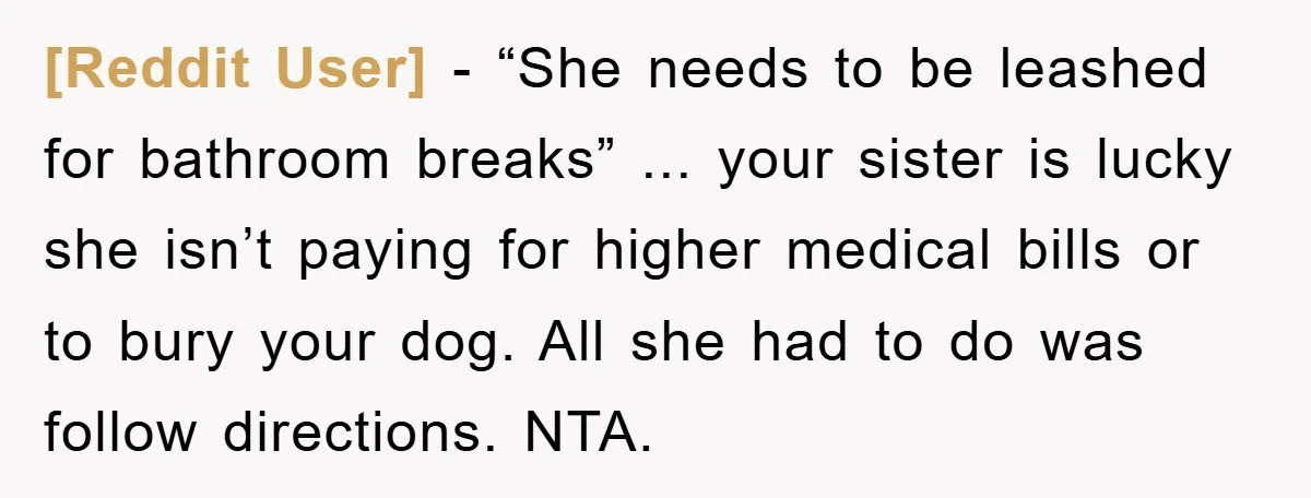 [Reddit User] - “She needs to be leashed for bathroom breaks” ... your sister is lucky she isn’t paying for higher medical bills or to bury your dog. All she...