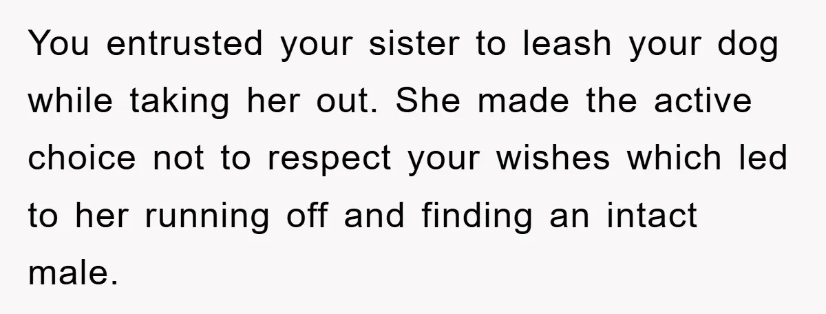 You entrusted your sister to leash your dog while taking her out. She made the active choice not to respect your wishes which led to her running off and finding...