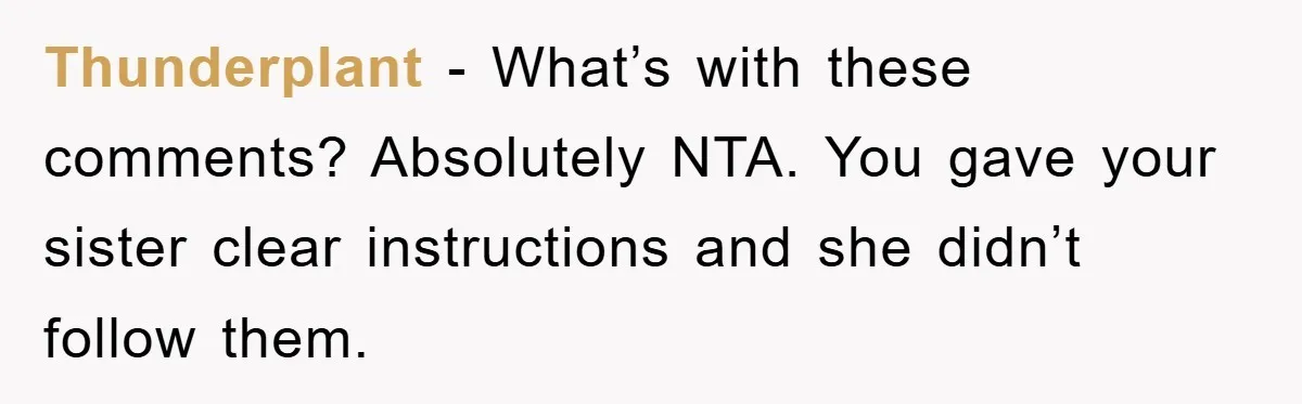 Thunderplant - What’s with these comments? Absolutely NTA. You gave your sister clear instructions and she didn’t follow them.