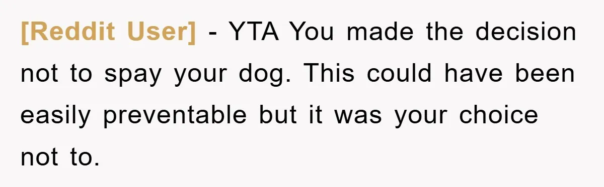 [Reddit User] - YTA You made the decision not to spay your dog. This could have been easily preventable but it was your choice not to.
